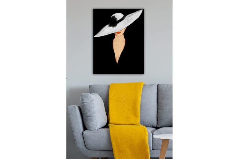 Lerretsbilde - Elegant kvinne med stor hvit hatt og oransje lepper - Hvit / Svart / Oransje - Innredning - Bilder & kunst - Lerretsbilder