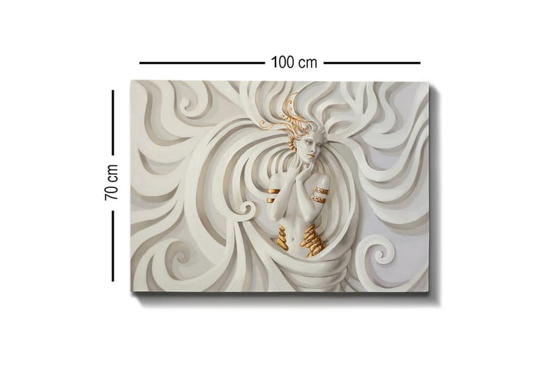 Lerretsbilde - Elegant kvinne omgitt av feiende, abstrakte former - Hvit / Beige / Gull - Innredning - Bilder & kunst - Lerretsbilder