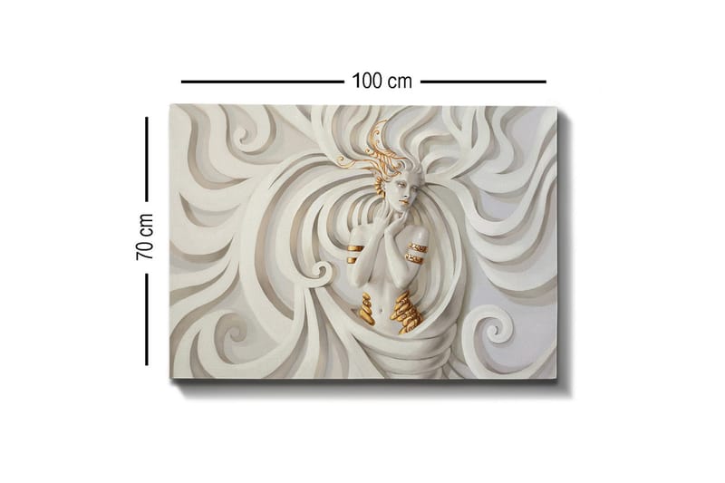 Lerretsbilde - Elegant kvinne omgitt av feiende, abstrakte former - Hvit / Beige / Gull - Innredning - Bilder & kunst - Lerretsbilder