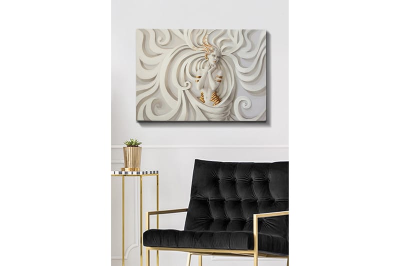 Lerretsbilde - Elegant kvinne omgitt av feiende, abstrakte former - Hvit / Beige / Gull - Innredning - Bilder & kunst - Lerretsbilder