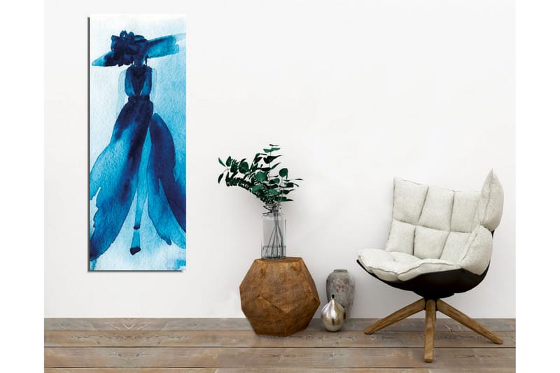 Lerretsbilde - Elegant silhuett av en kvinne i stor hatt og kjole - Mørk blå / Lys blå - Innredning - Bilder & kunst - Lerretsbilder