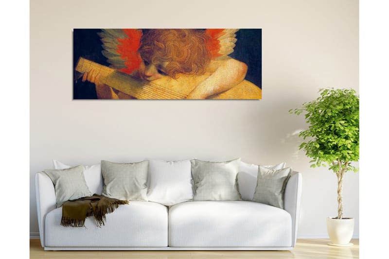 Lerretsbilde - Engel spiller lutt med fargerike fjær i bakgrunnen - Rød / Oransje / Hudtone - Innredning - Bilder & kunst - Lerretsbilder