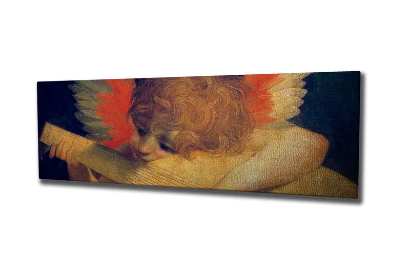 Lerretsbilde - Engel spiller lutt med fargerike fjær i bakgrunnen, Rød / Oransje / Hudtone