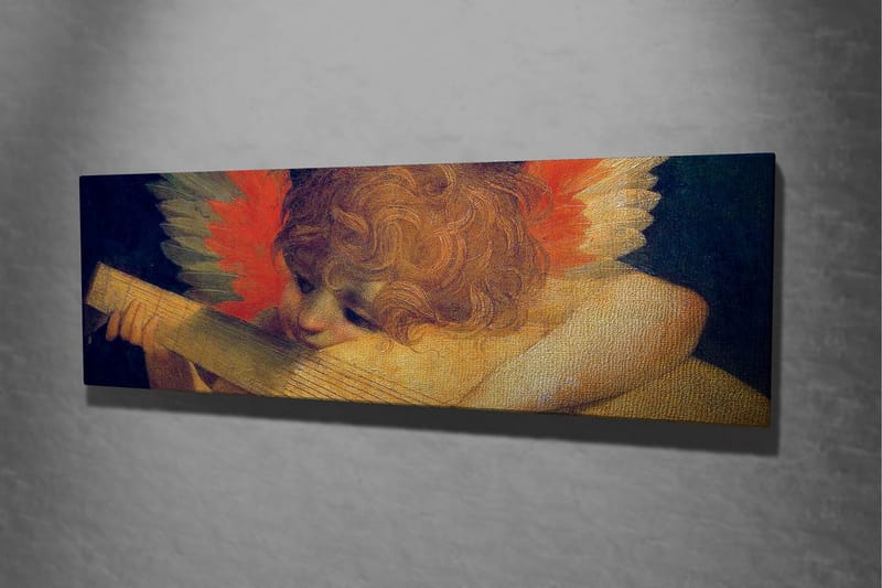 Lerretsbilde - Engel spiller lutt med fargerike fjær i bakgrunnen - Rød / Oransje / Hudtone - Innredning - Bilder & kunst - Lerretsbilder