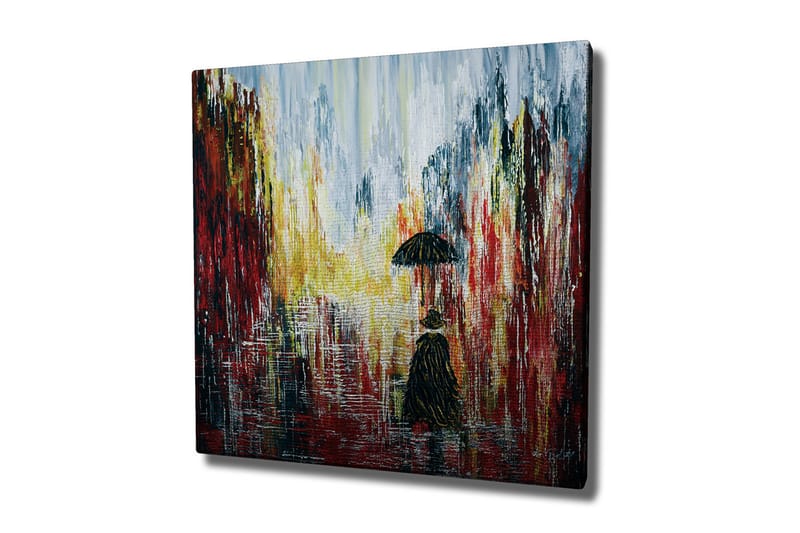 Lerretsbilde - Ensom figur med paraply i et regnfullt bymiljø - Rød / Svart / Gul - Innredning - Bilder & kunst - Lerretsbilder