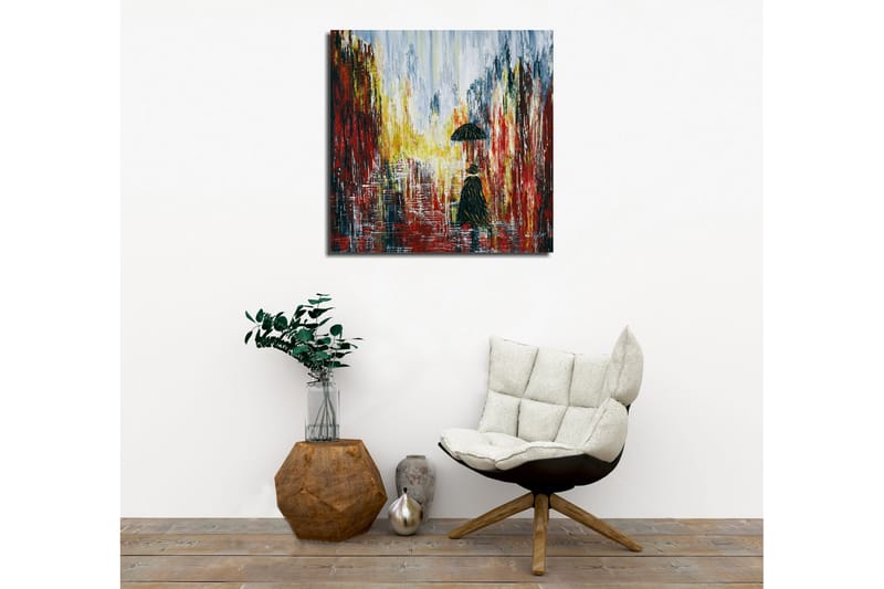 Lerretsbilde - Ensom figur med paraply i et regnfullt bymiljø - Rød / Svart / Gul - Innredning - Bilder & kunst - Lerretsbilder