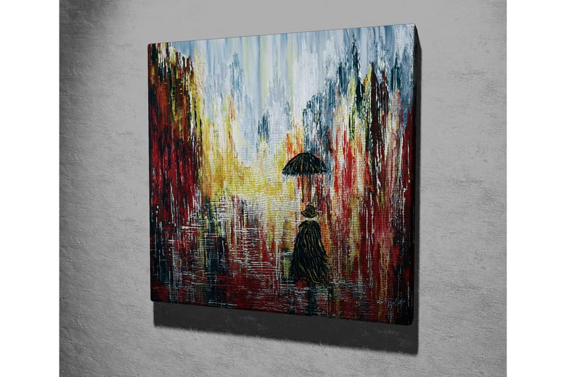 Lerretsbilde - Ensom figur med paraply i et regnfullt bymiljø - Rød / Svart / Gul - Innredning - Bilder & kunst - Lerretsbilder