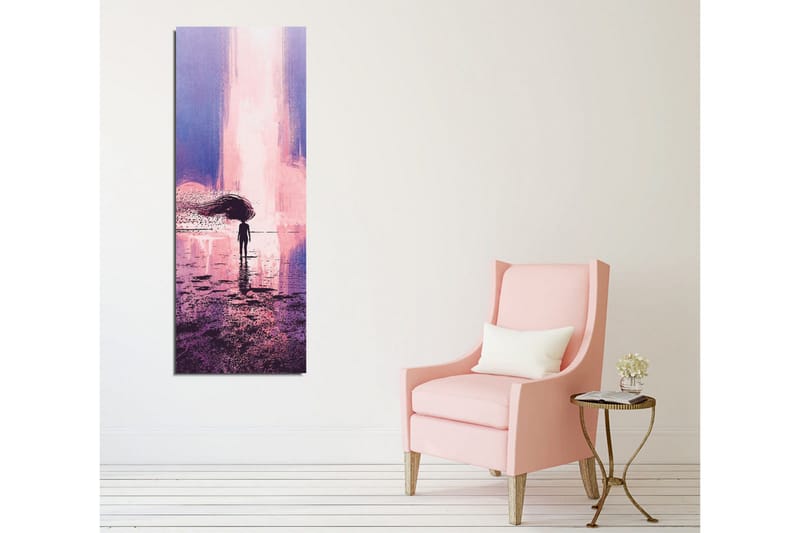 Lerretsbilde - Ensom figur med paraply i et drømmeaktig landskap - Lilla / Rosa / Mørk blå - Innredning - Bilder & kunst - Lerretsbilder