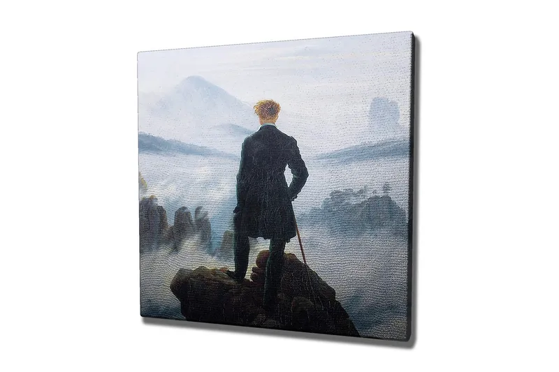 Lerretsbilde - Ensom mann på en klippe som ser ut over et tåkete landskap, Mørk grønn / Grå / Blå