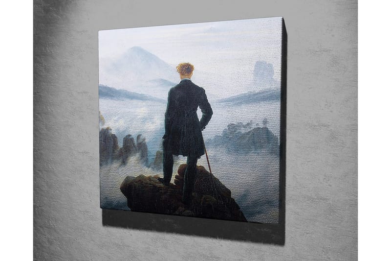 Lerretsbilde - Ensom mann på en klippe som ser ut over et tåkete landskap - Mørk grønn / Grå / Blå - Innredning - Bilder & kunst - Lerretsbilder