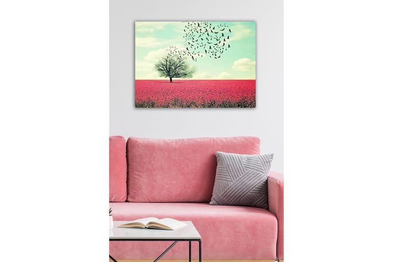Lerretsbilde - Ensom trekrone i et blomstrende felt med rosa blomster - Rosa / Himmelblå / Svart - Innredning - Bilder & kunst - Lerretsbilder