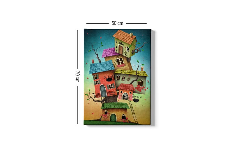 Lerretsbilde - Fantasifull bygging av fargerike hus som vokser ut av en trestamme - Grønn / Rød / Blå - Innredning - Bilder & kunst - Lerretsbilder