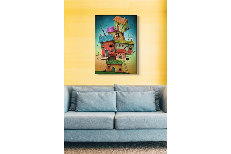 Lerretsbilde - Fantasifull bygging av fargerike hus som vokser ut av en trestamme - Grønn / Rød / Blå - Innredning - Bilder & kunst - Lerretsbilder