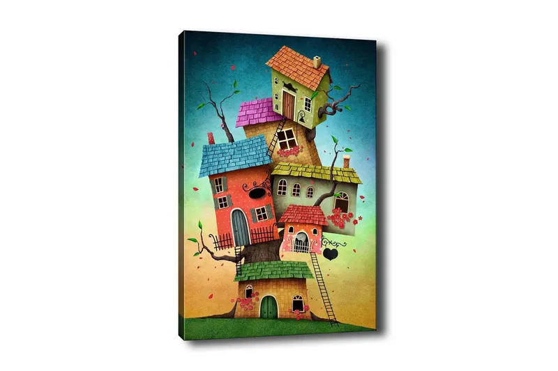Lerretsbilde - Fantasifull bygging av fargerike hus som vokser ut av en trestamme - Grønn / Rød / Blå - Innredning - Bilder & kunst - Lerretsbilder