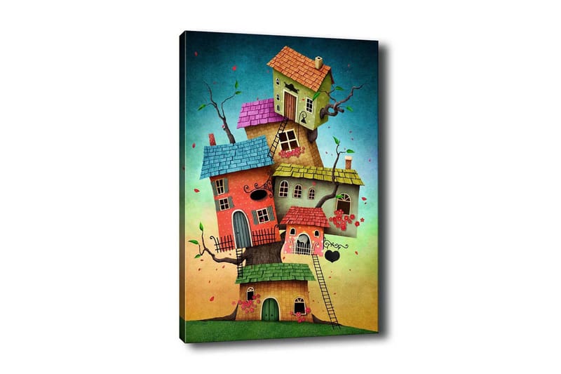 Lerretsbilde - Fantasifull bygging av fargerike hus som vokser ut av en trestamme - Grønn / Rød / Blå - Innredning - Bilder & kunst - Lerretsbilder