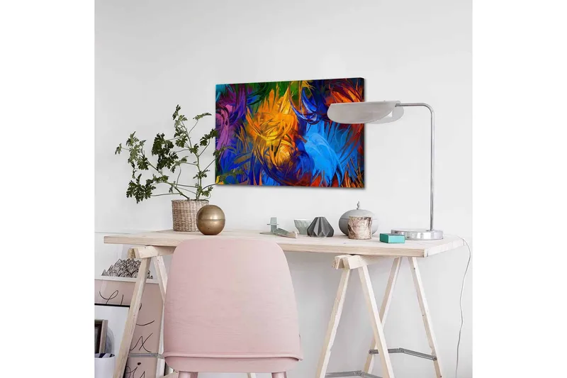 Lerretsbilde - Fargerik abstrakt komposisjon med svaiende former - Blå / Oransje / Grønn - Innredning - Bilder & kunst - Lerretsbilder
