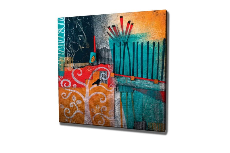 Lerretsbilde - Fargerik abstrakt komposisjon med trær og geometriske former, Turkis / Oransje / Rød