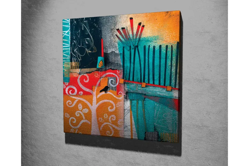 Lerretsbilde - Fargerik abstrakt komposisjon med trær og geometriske former - Turkis / Oransje / Rød - Innredning - Bilder & kunst - Lerretsbilder