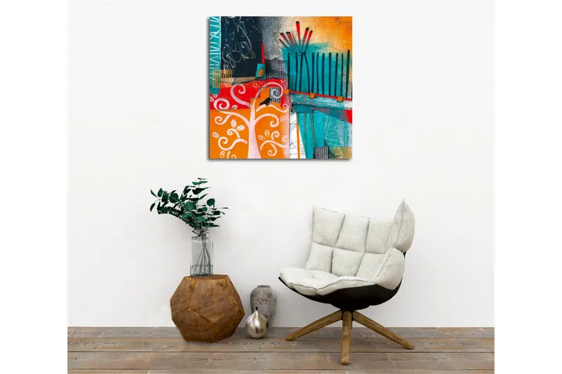 Lerretsbilde - Fargerik abstrakt komposisjon med trær og geometriske former - Turkis / Oransje / Rød - Innredning - Bilder & kunst - Lerretsbilder