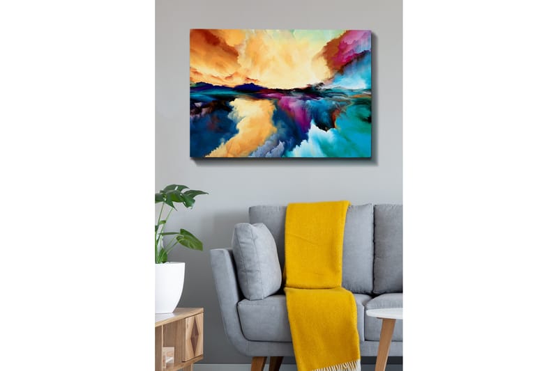 Lerretsbilde - Fargerik abstrakt landskapskomposisjon med himmel- og vannrefleksjoner - Oransje / Blå / Lilla - Innredning - Bilder & kunst - Lerretsbilder