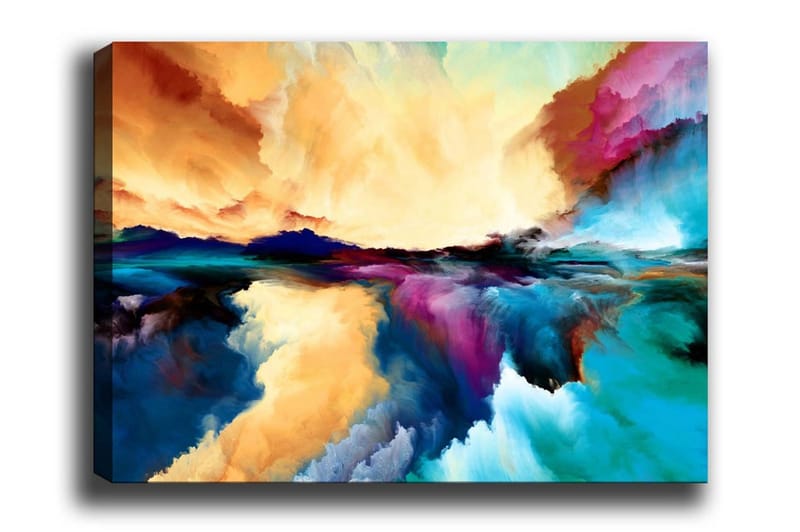 Lerretsbilde - Fargerik abstrakt landskapskomposisjon med himmel- og vannrefleksjoner - Oransje / Blå / Lilla - Innredning - Bilder & kunst - Lerretsbilder