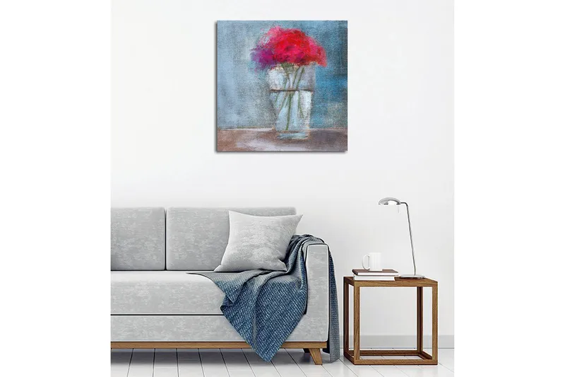 Lerretsbilde - Fargerik blomsterbukett i en glassvase - Rød / Blå / Grønn - Innredning - Bilder & kunst - Lerretsbilder