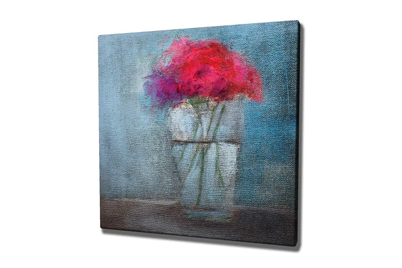 Lerretsbilde - Fargerik blomsterbukett i en glassvase, Rød / Blå / Grønn