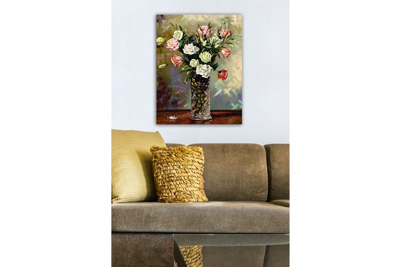 Lerretsbilde - Fargerik blomsterbukett i en glassvase - Rosa / Hvit / Grønn - Innredning - Bilder & kunst - Lerretsbilder
