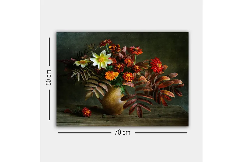 Lerretsbilde - Fargerik blomsterbukett i en keramisk vase - R ød / Oransje / Grønn - Innredning - Bilder & kunst - Lerretsbilder