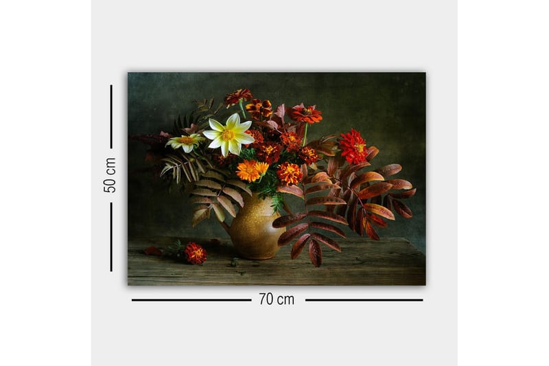 Lerretsbilde - Fargerik blomsterbukett i en keramisk vase - Rød / Oransje / Grønn - Innredning - Bilder & kunst - Lerretsbilder