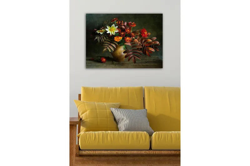 Lerretsbilde - Fargerik blomsterbukett i en keramisk vase - Rød / Oransje / Grønn - Innredning - Bilder & kunst - Lerretsbilder