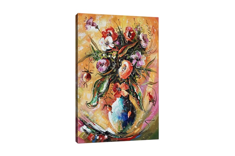 Lerretsbilde - Fargerik blomsterbukett i en vase, Grønn / Rosa / Oransje