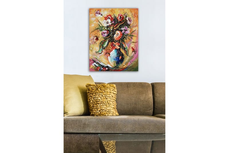 Lerretsbilde - Fargerik blomsterbukett i en vase - Grønn / Rosa / Oransje - Innredning - Bilder & kunst - Lerretsbilder