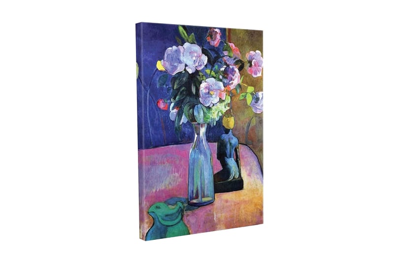 Lerretsbilde - Fargerik blomsterbukett i en vase med en skulptur i bakgrunnen - Lilla / Grønn / Rosa - Innredning - Bilder & kunst - Lerretsbilder