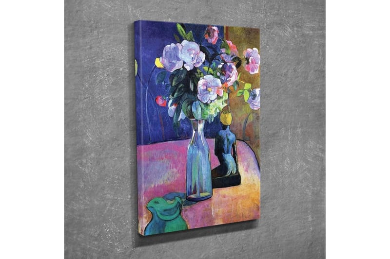 Lerretsbilde - Fargerik blomsterbukett i en vase med en skulptur i bakgrunnen - Lilla / Grønn / Rosa - Innredning - Bilder & kunst - Lerretsbilder