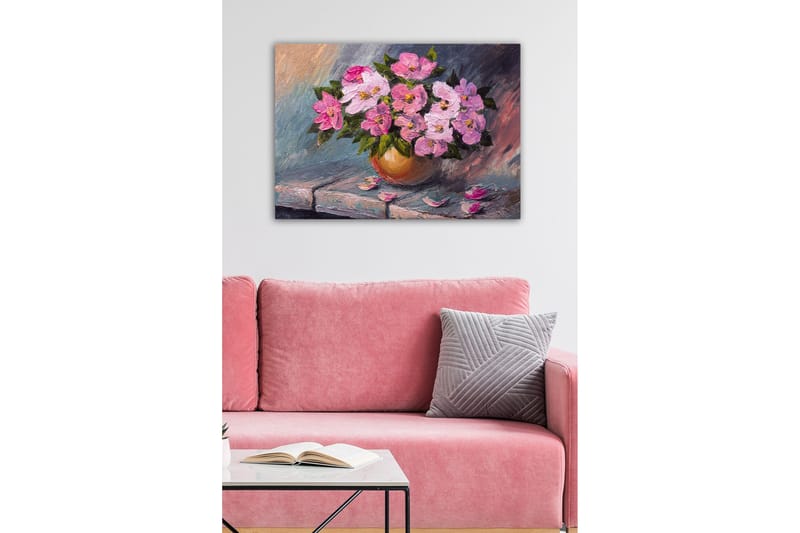 Lerretsbilde - Fargerik blomsterbukett i en vase - Rosa / Grønn / Beige - Innredning - Bilder & kunst - Lerretsbilder