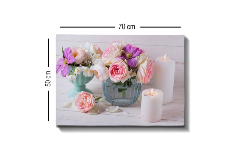 Lerretsbilde - Fargerik blomsterbukett i forskjellige vaser - Rosa / Lilla / Hvit - Innredning - Bilder & kunst - Lerretsbilder