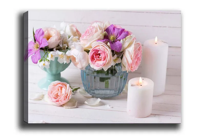 Lerretsbilde - Fargerik blomsterbukett i forskjellige vaser, Rosa / Lilla / Hvit