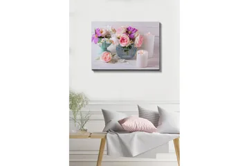 Lerretsbilde - Fargerik blomsterbukett i forskjellige vaser - Rosa / Lilla / Hvit - Innredning - Bilder & kunst - Lerretsbilder