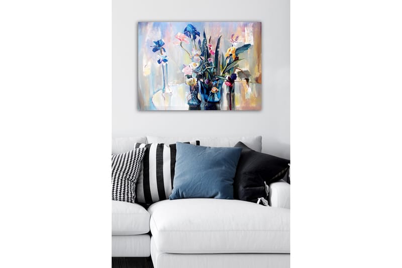 Lerretsbilde - Fargerik blomsterbukett i glassvaser - Blå / Rosa / Grønn - Innredning - Bilder & kunst - Lerretsbilder
