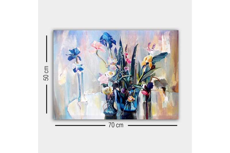 Lerretsbilde - Fargerik blomsterbukett i glassvaser - Blå / Rosa / Grønn - Innredning - Bilder & kunst - Lerretsbilder