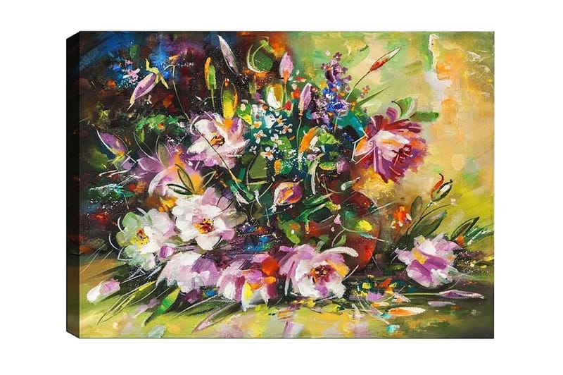 Lerretsbilde - Fargerik blomsterbukett i livlige nyanser, Lilla / Grønn / Gul