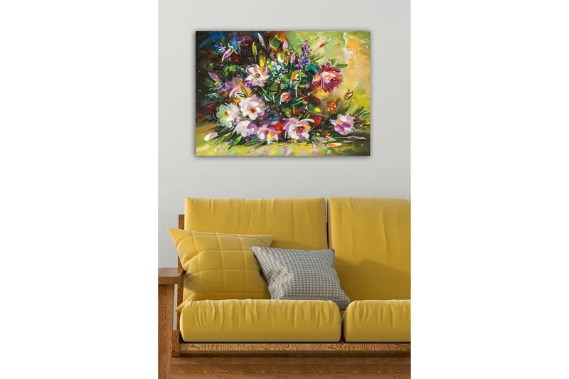 Lerretsbilde - Fargerik blomsterbukett i livlige nyanser - Lilla / Grønn / Gul - Innredning - Bilder & kunst - Lerretsbilder