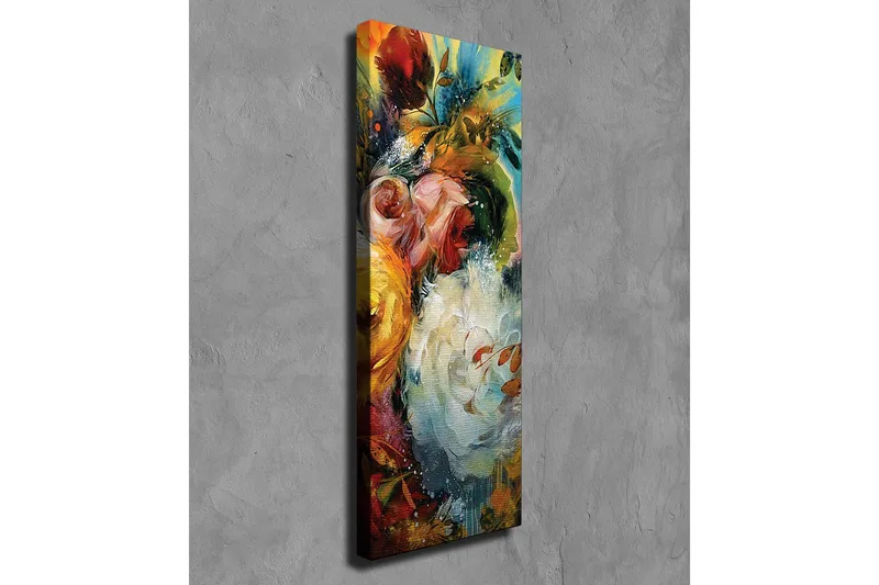 Lerretsbilde - Fargerik blomsterbukett med elementer av grønt bladverk - Rød / Gul / Hvit - Innredning - Bilder & kunst - Lerretsbilder