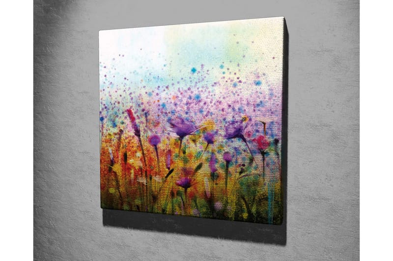 Lerretsbilde - Fargerik blomstereng med fugler i bevegelse - Lilla / Gul / Grønn - Innredning - Bilder & kunst - Lerretsbilder