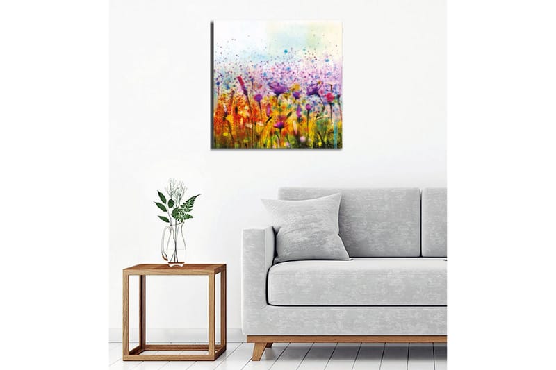Lerretsbilde - Fargerik blomstereng med fugler i bevegelse - Lilla / Gul / Grønn - Innredning - Bilder & kunst - Lerretsbilder