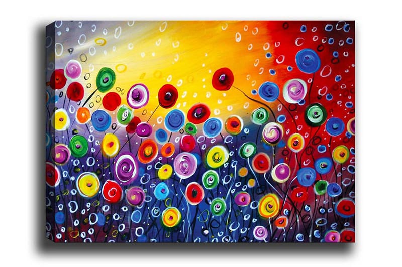 Lerretsbilde - Fargerik blomstereng med spirende blomster, Rød / Grønn / Blå