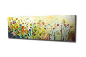 Lerretsbilde - Fargerik blomstereng med stiliserte blomster og blader - Grønn / Rød / Gul - Innredning - Bilder & kunst - Lerretsbilder