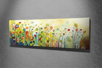 Lerretsbilde - Fargerik blomstereng med stiliserte blomster og blader - Grønn / Rød / Gul - Innredning - Bilder & kunst - Lerretsbilder
