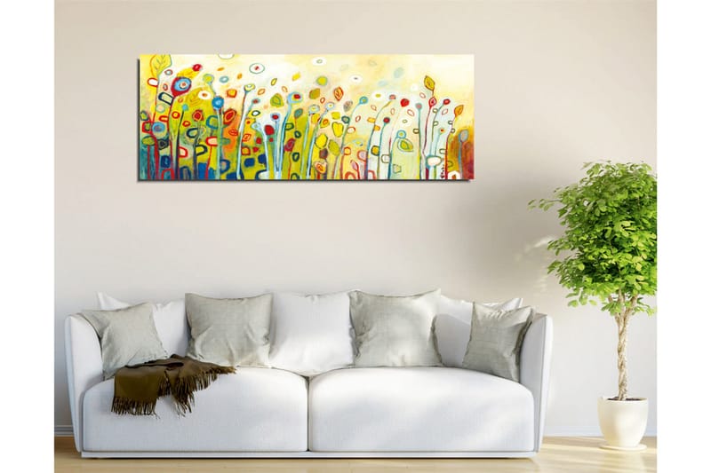 Lerretsbilde - Fargerik blomstereng med stiliserte blomster og blader - Grønn / Rød / Gul - Innredning - Bilder & kunst - Lerretsbilder